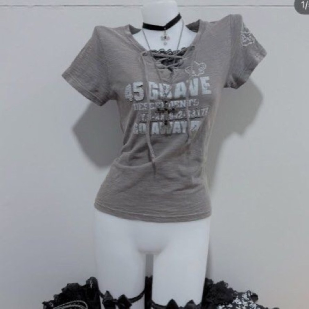 Japanese Weekend Charcoal Graphic Lace-Up Tee